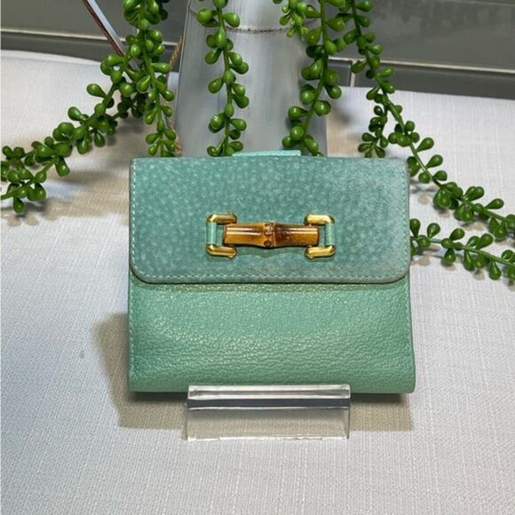 Gucci Bamboo Mint Green Compact Leather & Suede Wallet - EUC! - Picture 1 of 16